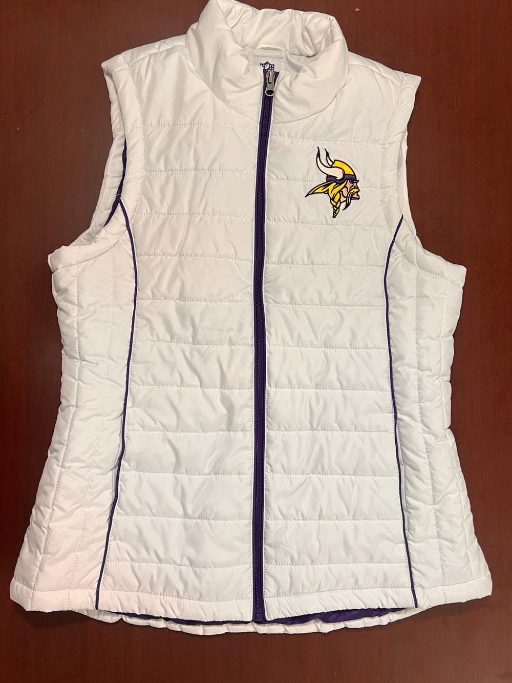 NFL White Quilted Vest with Purple Trim and Vikings Logo